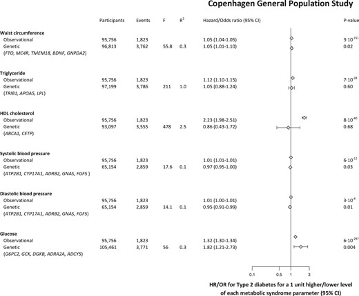 Observational and causal genetic risk of T2D for the 5 components of the MetS.