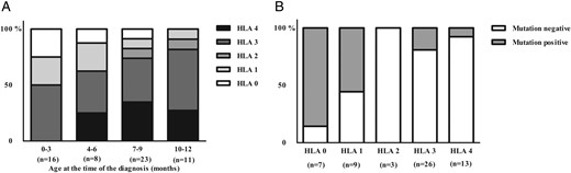 Distribution of different HLA genotypes in the Finnish patients diagnosed with diabetes before the age of 1 year (n = 58) (A) according to the age of diagnosis and (B) according to the mutation positivity.