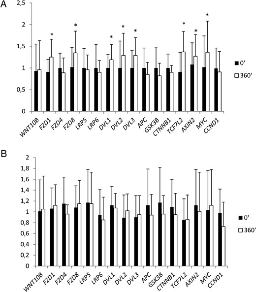 The effect of a 6-hour clamp without (A) or with (B) the concurrent Intralipid/heparin infusion on relative skeletal muscle Wnt signaling gene expression (n = 20).