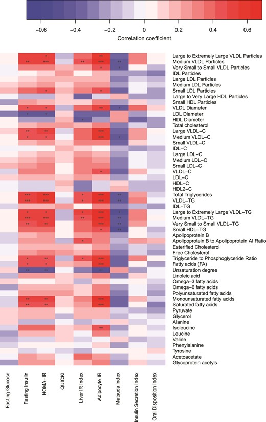 Associations between intrapair differences in insulin-based indices and the AUC values of metabolites in all 64 monozygotic twin pairs. Intrapair differences were calculated by subtracting the measurement of the cotwin with lower BMI from the measurement of the cotwin with higher BMI. Indices and AUC values were rank-normalized prior to analysis while adjusting for sex and age, and Pearson correlation coefficients were estimated. Color denotes the strength of correlations (red = positive, blue = negative) and asterisks mark their significance (*P < 0.0025; **P < 0.0005; ***P < 0.00005). IDL, intermediate-density lipoprotein.