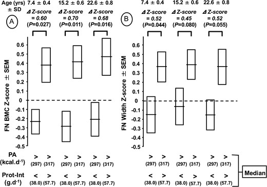 Femoral neck (FN) bone mineral content (BMC) (A) and femoral neck width (B) z scores measured at 7.4, 15.2, and 22.6 years according to physical activity (PA) and protein intake (Prot-Int) determined at 7.4 years. The cohort of 124 healthy boys was separated into 4 groups according to the median of both PA and Prot-Int. The absolute values of FN BMC and FN width of the 4 groups in relation to both PA and Prot-Int are presented in Table 2. The z score differences (∆) with P levels for FN BMC and FN width between the 2 groups with high PA and either low or high Prot-Int are indicated above the brackets connecting the 2 corresponding bars.