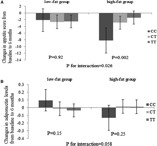 Effects of ADIPOQ rs6810075 genotype and high-/low-fat diets on changes in appetite (A) and plasma adiponectin levels (B) at 6 months. Values are means ± standard error after adjustment for age, sex, ethnicity, baseline BMI, and baseline value of the respective outcome trait. For changes in appetite, high-fat group sample sizes were CC, n = 28; CT, n = 129; and TT, n = 130; and low-fat group sample sizes were CC, n = 35; CT, n = 121; and TT, n = 132. For changes in adiponectin levels, high-fat group sample sizes were CC, n = 28; CT, n = 115; and TT, n = 123; and low-fat group sample sizes were CC, n = 39; CT, n = 120; and TT, n = 132.