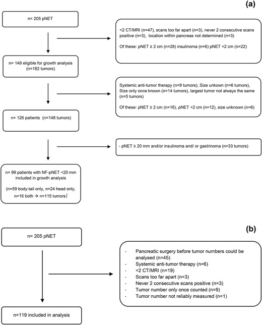 Flowcharts study population. (a) Flowchart growth analysis NF-pNETs <2 cm. (b) Flowchart incidence analysis.