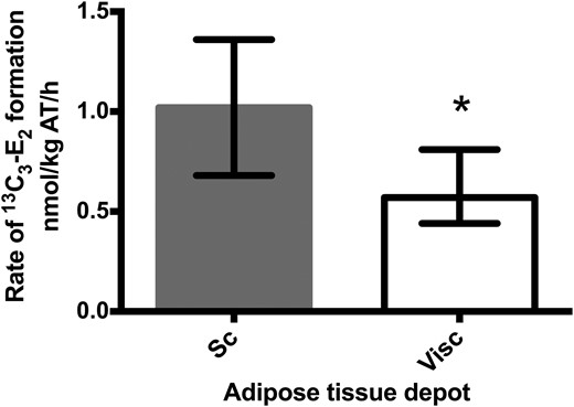 Formation of 13C3-E2 from 13C3-E1 in abdominal subcutaneous (Sc) and visceral (Visc) AT. *P = 0.004, subcutaneous vs visceral AT (Wilcoxon signed rank test, n = 12). Activity is expressed as the amount of 13C3-E2 (nmol) formed from 13C3-E1 per mass of AT (kg) per time of incubation (h). Data are expressed as median (interquartile range).