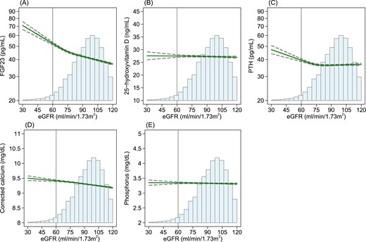 Estimated levels of MBD biomarkers regressed on eGFR in the age-, sex-, and race-adjusted restricted cubic spline model: the Atherosclerosis Risk in Communities Study, 1990 to 1992. (A) FGF23, (B) 25(OH)D, (C) PTH, (D) corrected calcium, and (E) phosphorus. Cubic splines models for eGFR included knots at 60, 75, and 90 mL/min/1.73 m2. The vertical reference line indicates 60 mL/min/1.73 m2, the solid green line indicates point estimates, and dashed lines indicate corresponding upper and lower limits for 95% CIs. The histogram represents the distribution of eGFR.