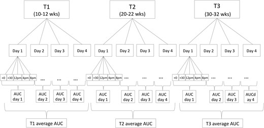 Cortisol-sampling scheme. Maternal salivary cortisol concentrations were assessed immediately and 30 minutes postawakening, and at 1200 hours, 1600 hours, and 2000 hours for 4 consecutive days in early, mid, and late pregnancy (30 ± 1.2 weeks gestation, T3).