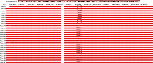 University of California, Santa Cruz, Genome Browser screenshot demonstrating EXCAVATOR2-based CNV prediction on chromosome X for individuals with TS (red = deletion). The first line represents patient 1, known to be mosaic for 45,X/46,XX.