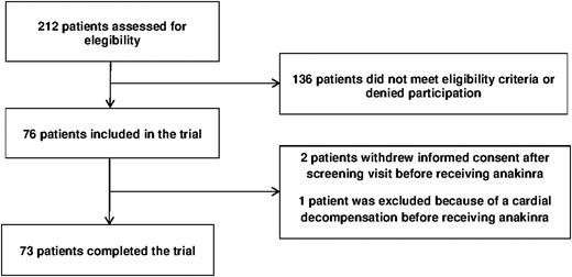 Trial profile. Three of the 76 included patients dropped out before receiving the study medication. All remaining 73 patients completed the trial and were analyzed for the primary end point.