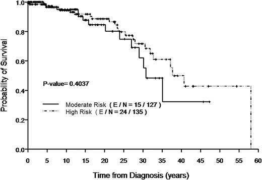 Kaplan–Meier curves of overall survival by ATA risk level. E, event; N, total number of patients.