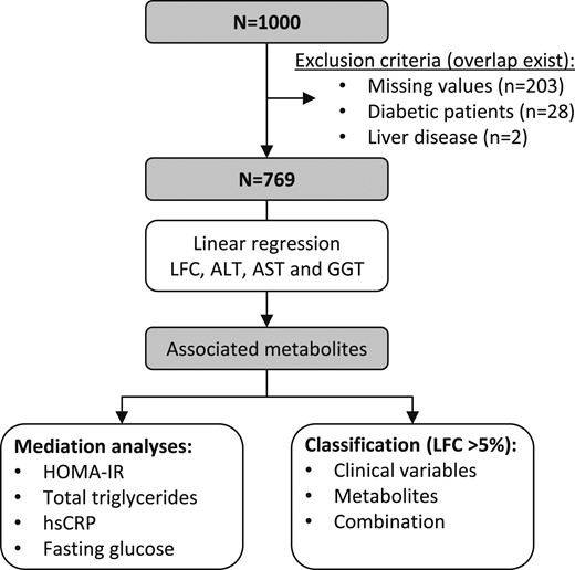 Flowchart of the procedures for the analyses. ALT, alanine aminotransferase; AST, aspartate aminotransferase; GGT, γ-glutamyl transpeptidase; HOMA-IR, homeostatic model assessment of insulin resistance; hsCRP, high-sensitivity C-reactive protein.