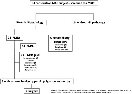 Summary flow diagram describing the radiographic findings and clinical management of patients with MAS-associated pancreatic lesions. MRCP findings in 54 consecutively screened patients with MAS are shown. Thirty subjects were identified as having radiographic GI pathology. A total of 25 subjects had IPMNs; 14 had IPMNs only, and 11 had IPMNs and additional findings, most commonly benign liver lesions. Five of the 30 subjects had various GI abnormalities without IPMNs. Within the cohort who screened positive for GI pathology, seven subjects underwent detailed evaluation including esophagogastroduodenoscopy, EUS, and/or pancreatic cyst fluid analysis. All seven subjects were found to have benign upper GI polyps. Two subjects underwent pancreatic surgery.