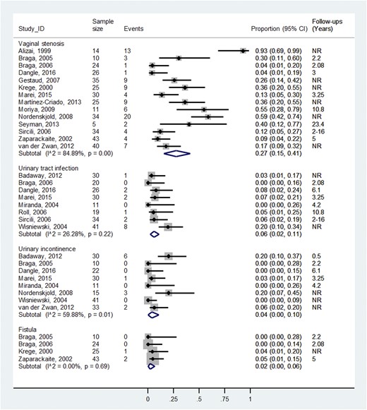 Proportion of patients with vaginal stenosis or urinary tract complications and length of follow-up. NR, not reported.