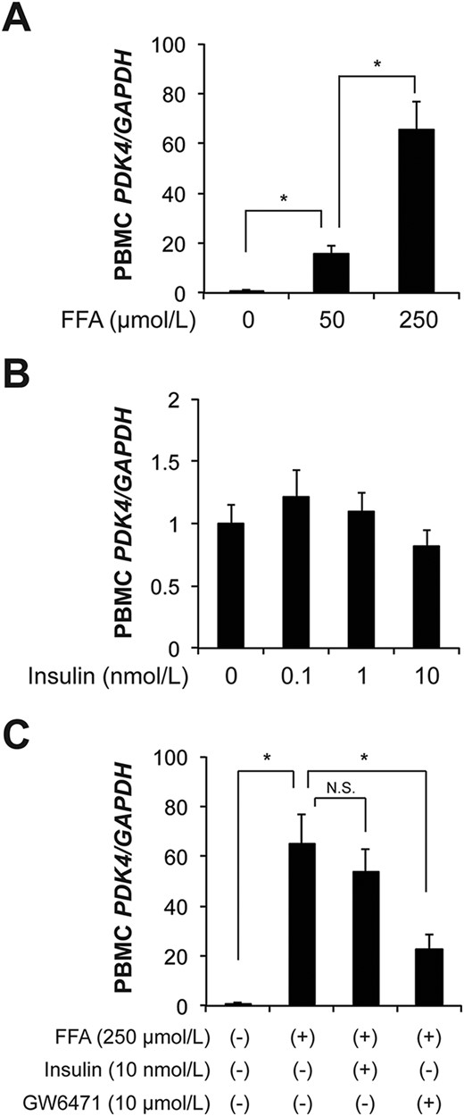 FFAs induce PDK4 gene expression through activation of PPAR-α in primary PBMCs. PDK4 gene expression in PBMCs was isolated from metabolically healthy people after they fasted for ∼12 hours overnight. (A and B) PBMCs were cultured and treated with FFAs (A) or insulin (B) for 3 hours (n = 8 per group). (C) Effects of insulin (10 nmol/L) or a PPAR-α antagonist (10 μmol/L GW6471) on FFA-induced PBMC PDK4 gene expression (n = 7 per group). Data are means ± SEM. *P < 0.01, by using one-way ANOVA followed by the Tukey post hoc test. N.S., not significant.