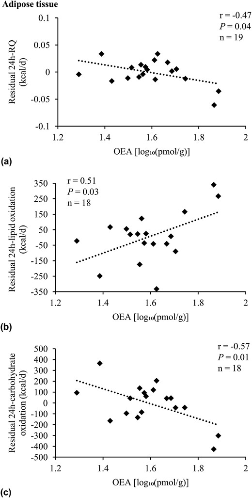 Adjusted correlations of residuals of RQ and substrate oxidation with adipose OEA. Association analysis of OEA with residuals of (a) 24-hour RQ, (b) 24-hour lipid oxidation, and (c) 24-hour carbohydrate oxidation in Native Americans of full Southwestern heritage. Twenty-four-hour RQ was adjusted for age, sex, energy balance, and percentage body fat. Twenty-four-hour lipid and carbohydrate oxidation were adjusted for age, sex, energy balance, FM, and FFM (25). OEA concentration was log10-transformed to reduce the influence of extreme values on the multivariate model. Pearson correlation (r) reported. Due to incomplete EE and/or lipid assessment in adipose tissue, the number of individuals included here in the presented analyses differed from the overall group of 21 Native Americans of full Southwestern heritage. Compared with the latter, these participants were not different regarding age, sex, FM, FFM, body mass index, percentage body fat, glucose regulation, and AEA, 2-AG, and OEA tissue and plasma concentrations (all P > 0.05).