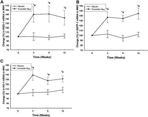 Percentage change in mRNA expression by real-time PCR in MNCs of (A) NQO-1, (B) GSTP-1, and (C) HO-1 after placebo and exenatide 10 μg twice a day for 12 weeks in patients with type 2 diabetes (n = 12 for each treatment arm). Data are presented as mean ± standard error. *P < 0.05 by repeated-measures analysis of variance (RMANOVA; compared with baseline); #P < 0.05 by two-way RMANOVA compared with placebo.