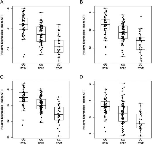 Correlation between the genotypes of rs2439302 and expression of NRG1 isoforms in unaffected thyroid tissue samples. (A) NM_004495, P = 2.81E-13. (B) NM_013958, P = 1.30E-09. (C) NM_001160008, P = 7.14E-14. (D) MultiNRG1, P = 1.17E-06. The P values were obtained by multivariate analysis and adjusted for age, sex, and chronic lymphocytic thyroiditis. CC, CG, GG, genotypes of rs2439302.