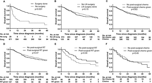 OS of patients with stage I-III ACC, based on undergoing (A) surgical therapy or (B) lymphadenectomy; or receiving (C) postsurgical chemotherapy, (D) postsurgical radiation therapy; or, patients with positive resection margins, receiving E) postsurgical radiation or (F) postsurgical chemotherapy. Chemo, chemotherapy; LN, lymph node; RT, radiation therapy; Surg, surgery.