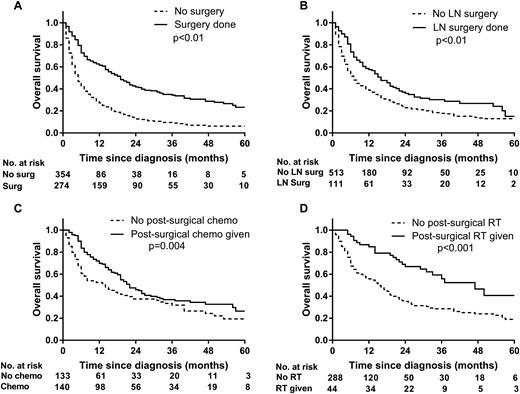 OS of patients with stage IV ACC, based on undergoing (A) surgical therapy or (B) lymphadenectomy, or receiving (C) postsurgical chemotherapy or (D) postsurgical radiation therapy. Chemo, chemotherapy; LN, lymph node; RT, radiation therapy; Surg, surgery.