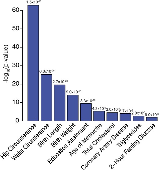 Cross-trait genetic correlations between adult height and selected (allP < 0.001) additional traits and diseases. GWAS data from Lango Allenet al. (19) used for height. They-axis shows the –log10(p-value) for each correlation. All results downloaded from LD Hub (http://ldsc.broadinstitute.org/).