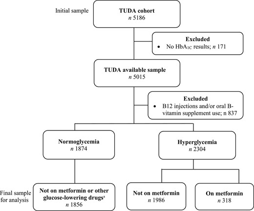 Flowchart of eligible participants from the TUDA cohort study . Hyperglycemia classification includes participants with prediabetes (HbA1c ≥5.7% to 6.4%; 39 to 47 mmol/mol) and diabetes (HbA1c ≥6.5%; 48 mmol/mol). Glucose-lowering drugs included sulfonylureas, dipeptidyl peptidase-4 inhibitors, glitazones, meglitinides, α-glucosidase inhibitors, glucagon-like peptide 1 receptor agonists, and glucagon.