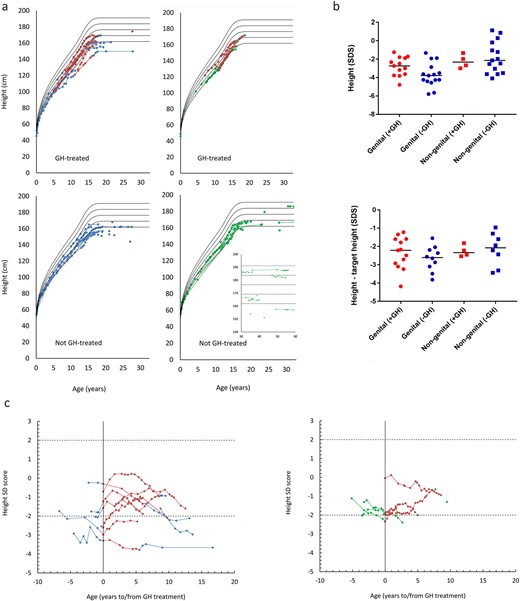 (a) Height (centimeters), according to age, stratified according to rhGH treatment and group. Red dots represent rhGH treatment, blue dots represent the genital group, and green dots represent the nongenital. Solid lines represent WHO reference ranges (means; ±1 SD and ±2 SD). (b) Height and height according to genetic potential (height – target height), expressed in SDSs, according to group and rhGH treatment. Dots represent patients in the genital group, red dots have received rhGH treatment, and blue dots have not. Squares represent patients in the nongenital group, red squares have received rhGH treatment, and blue squares have not. Solid lines represent group medians. (c) Height SDSs according to rhGH treatment and stratified according to group. Red dots represent rhGH treatment, blue dots represent the genital group, and green dots represent the nongenital group. Dotted lines represent ±2 SD.