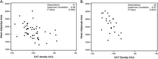 CT SAT density correlates strongly with SAT adipocyte area. (A) Week 0. (B) Week 96.