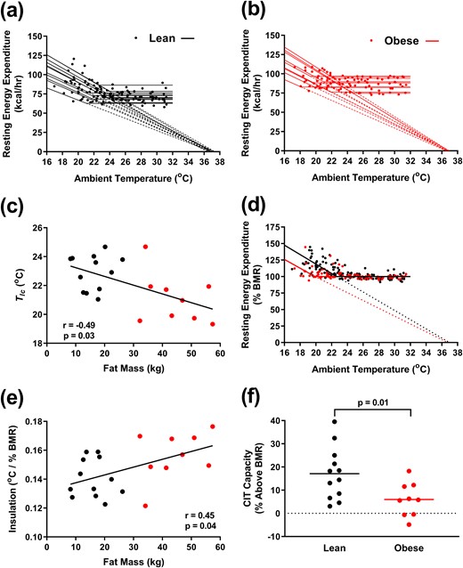 Analysis of resting EE vs Ta. (a and b) Resting EE as a function of Ta with individual Scholander model fits for (a) 12 lean men (black) and (b) 9 men with obesity (red). (c) Tlc inversely correlates with fat mass. (d) Resting EE normalized to BMR as a function of Ta. (e) Insulation positively correlates with fat mass. (f) CIT capacity, the resting EE at the coldest tolerable temperature, is greater in lean men than men with obesity.