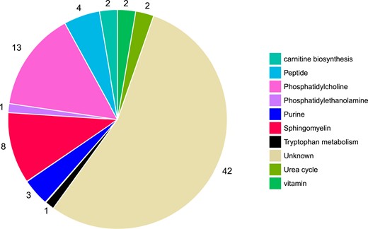 T2DM-associated metabolites belong to several metabolite classes. Metabolites that are defined as being at a level 4 metabolite annotation confidence are characterized as unknown (N = 42). Metabolites with an annotation confidence of ≥3 are characterized according to their metabolite class (N = 36).