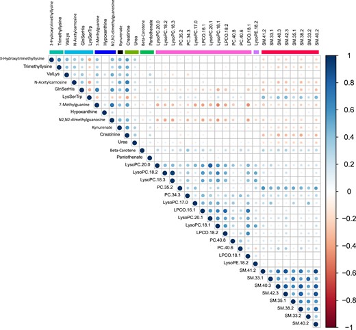 Correlation matrix of intermetabolite correlations in the MPP (N = 698). Correlations are Spearman ρ coefficients.