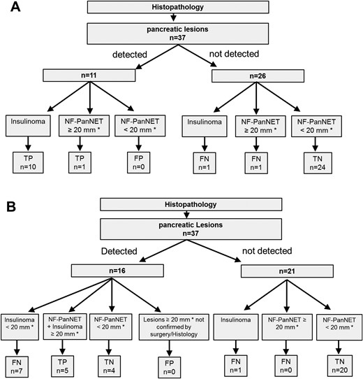 Flowchart with (A) 68Ga-DOTA-exendin-4 PET/CT and (B) MRI reading results. According to ENETS guidelines, true positive was defined as PanNETs ≥ 20 mm or insulinomas (i.e., clinically relevant lesions). MRI is not able to distinguish between functional and nonfunctional tumors, and thus the only criteria justifying resection of tumor in the pancreas is a size of ≥ 20 mm. As a result, insulinomas < 20 mm are classified as false negative in MRI reading. *Diameter measured with MRI. FN, false negative; FP, false positive; TN, true negative; TP, true positive.