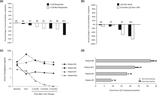 Efficacy of vemurafenib alone and in combination with 131I. (a) Changes in tumor size after vemurafenib alone. Eight of the 10 evaluable study patients (four 124I responders and four nonresponders) underwent imaging after ~4 wk of vemurafenib alone. Each bar represents the percentage change in tumor size relative to baseline observed. (b) Changes in tumor size observed among 124I responders after vemurafenib alone and ~6 mo after 131I, relative to baseline. (c) Serum thyroglobulin values measured in 124I responders. Serum thyroglobulins were measured at baseline, after vemurafenib alone, and 1 mo, 3 mos, and 6 mo after 131I. Patient 6 had detectable TG antibodies. (d) Outcomes of 124I responders. Each bar represents the time each 124I responder remained off therapy after vemurafenib plus 131I. Two patients continued to remain off therapy as of 1 November 2017. s/p, status post; Vem, vemurafenib.