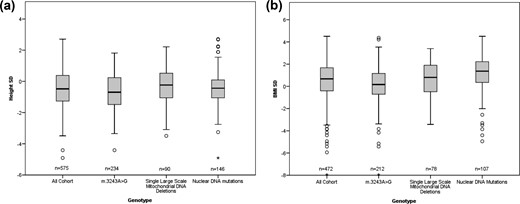 Individual boxplots of height SD and BMI SD for genotypes. Boxplots showing the median, first quartile, third quartile, and range for (a) height SD and (b) BMI SD for the cohort and each genotype.