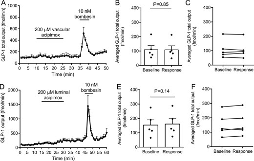 Effects of intra-arterial and luminal acipimox (200 µM) on GLP-1 secretion from isolated perfused rat small intestine. Data are shown as means ± SEM. (A) GLP-1 (total) output at baseline and in response to intravascular acipimox or bombesin (positive control). (B, C) Averaged GLP-1 output during baseline and intra-arterial acipimox administration (response). (D) GLP-1 (total) output at baseline and in response to luminal acipimox. (E, F) Averaged GLP-1 output during baseline and intraluminal acipimox administration (response). Intra-arterial bombesin was included in all experiments as positive control. Points indicate individual observations. nA-D= 5.