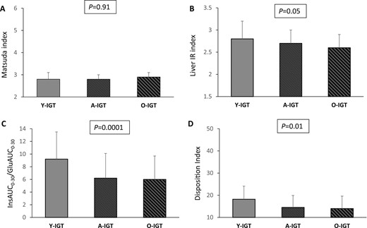 (A) Matsuda index, (B) liver IR index, (C) InsAUC0–30/GluAUC0–30, and (D) disposition index of β-cell function in young, adult, and older subjects with IGT. P values above the graphs refer to analysis of covariance analyses with adjustment for sex, BMI, and a family history of type 2 diabetes.