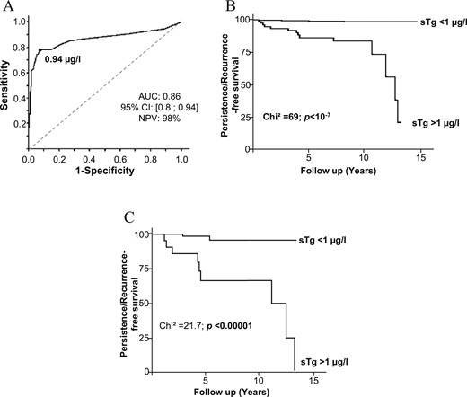 Prognostic impact of sTg on disease remission and persistence or recurrence of DTC. (A) ROC analysis determining the threshold of sTg to determine long-term remission of patients with DTC. (B) Kaplan-Meier analysis of persistence or recurrence-free survival according to the identified sTg cutoff for patients with DTC. (C) Kaplan-Meier analysis of persistence or recurrence-free survival according to the identified sTg cutoff in locally advanced DTC (T3–T4/Nx–N1). Persistance/recurrence-free survival represents “event-free survival” during patients' follow up. AUC, area under the curve.