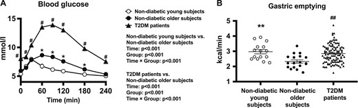(A) Blood glucose concentrations in response to a standardized carbohydrate meal (given at t = 0) in patients with T2DM and young and older control subjects without diabetes. Repeated-measures ANOVA was used to determine statistical difference. ANOVA results are reported as P values for differences by group, differences over time, and differences due to group by time interaction. Post hoc comparisons were adjusted by Bonferroni correction. (B) Gastric emptying rate in patients with T2DM and young and older control subjects without diabetes assessed by 13C-octanoic acid breath test. Unpaired t test was used to determine statistical difference. Data are mean ± SEM. *P < 0.05, **P < 0.01 for young vs older subjects without diabetes. #P < 0.05, ##P < 0.01 for patients with T2DM vs older subjects without diabetes.