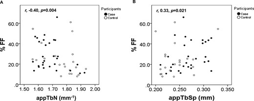 Relationship between bone marrow adiposity and bone microarchitecture in the whole cohort. Marrow %FF was inversely associated with (A) appTbN and positively associated with (B) appTbSp.