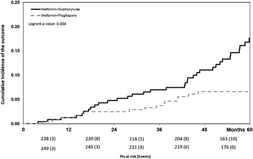 Cumulative incidence of the outcome in the high-risk RECPAM class 4 group by treatment. Pts, patients.