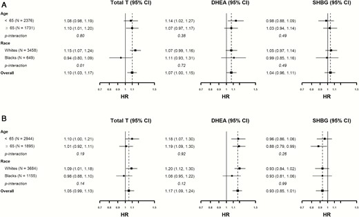 Associations between sex hormone levels with incident HF by age and race/ethnic subgroups. (A) Hazard ratio for men. (B) Hazard ratio for women.