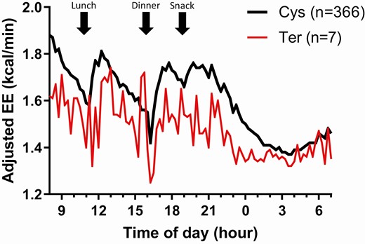 Average time courses of 24-h EE in the respiratory chamber by genotypes of rs752074397 showing reduced EE in subjects carrying the Ter allele. Average time courses of 24-h EE in the respiratory chamber for subjects carrying the Ter allele (red line) and the Cys allele (black line) at rs752074397. Values of EE measured every 15 min are adjusted for age, sex, FM, FFM, and SPA and corrected after and accounting for repeated measures using an AR(1) covariance structure by mixed-model analysis. EE, energy expenditure; FM, fat mass; FFM, fat free mass; SPA, spontaneous physical activity.