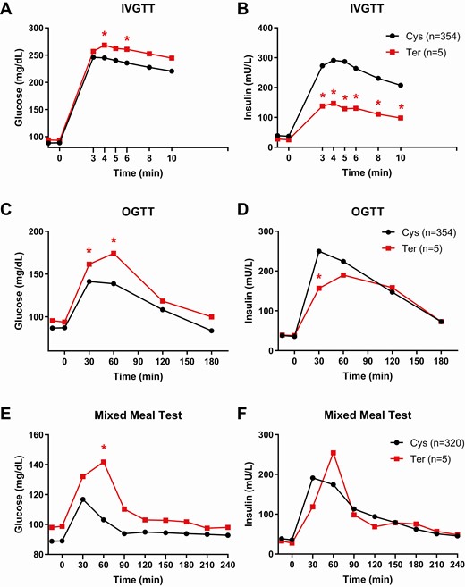 Plasma glucose and insulin concentrations during IV, oral, and mixed meal tolerance tests by genotypes of rs752074397. Average time courses of (A, C, E) plasma glucose and (B, D, F) insulin concentrations during the IV glucose tolerance test (IVGTT, A-B), oral glucose tolerance test (OGTT, C-D), and mixed meal tolerance test (E-F) for subjects with normal glucose tolerance carrying the Ter allele (red line) and the Cys allele (black line) at rs752074397. *P < 0.05 between genotypic groups by mixed model analyses after adjustment for age, sex, percentage body fat, first 5 genetic principal components and accounting for relatedness via mixed model analysis.