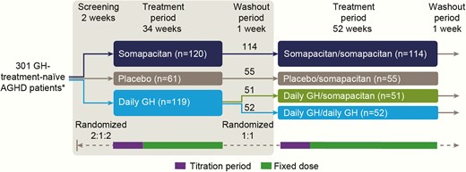 Trial design. *Numbers in the treatment boxes show patients exposed to treatment. One patient in the somapacitan group did not receive any treatment and was not included in any analyses. The grey box indicates the main period of the trial. Purple bars indicate titration periods and green bars, fixed-dose treatment periods. Time axis is not to scale. Abbreviations: AGHD, adult growth hormone deficiency