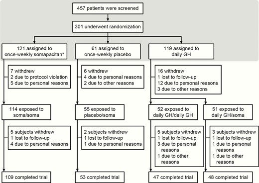Patient disposition. *One patient in the somapacitan group was randomized but did not receive any trial drug (no reason was provided) and was therefore not included in any analyses. The shaded box represents the main period of the trial. Abbreviations: GH, growth hormone; soma, somapacitan