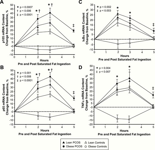 Comparison of the 4 study groups of the change from baseline (%) in mononuclear cell (MNC)-derived (A) p105, (B) p65, (C) inhibitory κBα (IκBα) and (D) TNFα mRNA content from blood samples collected while fasting and 2, 3, and 5 h after saturated fat ingestion. Data are presented as mean ± standard error. *Response in women with PCOS and obesity, lean women with PCOS, and control subjects with obesity was significantly different compared with lean control subjects; (A) P < .0007, (B) P < .001, (C) P < .002, and (D) P < .004. †Response in women with PCOS and obesity was significantly different compared with control subjects with obesity; (A) P < .006 and (B) P < .008. ‡Residual response in women with PCOS and obesity was significantly different compared with the other three groups; (A) and (B) P < .0001, (C) P < .003, and (D) P < .007.