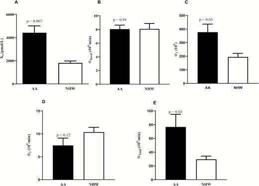 Model estimates of β-cell function during an insulin-modified intravenous glucose test. X0 (A), Φ Basal (B), Φ 1 (C), Φ 2 (D), and Φ Total (E) in adult African Americans (AA) and non-Hispanic Whites (NHW). Data shown are mean ± SEM. Comparisons between groups were assessed by independent unpaired t-test or The Wilcoxon-Mann-Whitney test.