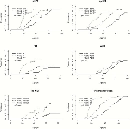 Age-related penetrance of MEN1 manifestations. Due to low penetrance of th-NET and gastric neuroendocrine tumors, these manifestations were not included in the analyses. Because of the small sample size of the fourth generation (n = 2), the age-related penetrance of MEN1 manifestations of this generation are excluded from this analyses. Abbreviations: 1st, first manifestation; ADR, adrenal adenoma; bp-NET, bronchopulmonary neuroendocrine tumor; dpNET, duodenopancreatic neuroendocrine tumor; Gen 1, first generation; Gen 2, second generation; Gen 3, third generation; pHPT, primary hyperparathyroidism; PIT, anterior pituitary tumor.