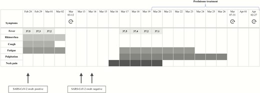Symptoms and maximum body temperatures referred to by the patient.