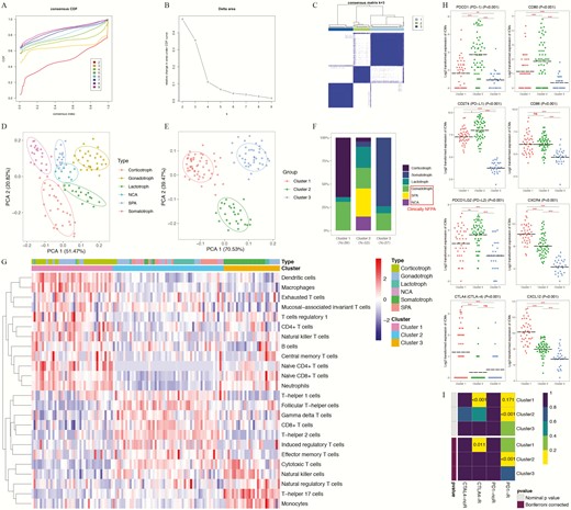 Novel immune classifications of pituitary adenomas (Pas) in the validation set based on the patterns of immune cell infiltration analyzed using the unsupervised consensus clustering algorithm. (A) Cumulative distribution function (CDF) curves of the consensus score (k = 2-9). (B) Relative change in the area under the CDF curve (k = 2-9). (C) Consensus clustering matrix for k = 3, which was the optimal cluster number. (D) Principal component analysis (PCA) of the tumor-infiltrating immune cells (TIIC) patterns according to histological subtyping. (E) PCA according to the novel immune clusters. (F) Distributions of the 6 PA subtypes within the novel immune clusters. (G) Heatmap indicating the distributions of 24 types of TIICs among the 3 immune clusters. (H) Expression patterns of immune checkpoint receptors and ligands among the 3 immune clusters. (I) The subclass mapping analysis demonstrated that immune cluster 1 was more sensitive to anti-CTLA4 therapy (Bonferroni-corrected P = 0.011) and that immune cluster 2 was more sensitive to anti–programmed cell death protein 1 (PD1) therapy (Bonferroni-corrected P < 0.001). In this figure, “R” is short for immunotherapy respondent.