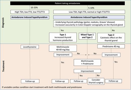 Algorithm for the suggested management of amiodarone-induced thyroid disorders. The figure illustrates a proposed flowchart for the management of a patient with amiodarone-induced hypothyroidism or thyrotoxicosis. These are general suggestions and should be tailored to the patient needs. The doses of medications may vary depending on the clinical presentation and characteristics. If the patient presents with hypothyroidism, levothyroxine treatment can be used to restore normal thyroid hormone levels. Amiodarone may be continued if needed for the cardiac arrythmia. The patient should be monitored for levothyroxine dose adjustment based on TSH, FT4, and FT3/TT3 levels and clinical status. In general, levothyroxine should be initiated and increased gradually in an attempt to mitigate any adverse cardiac effects. However, of course, clinical judgment should be incorporated into this algorithm. In case of thyrotoxicosis, treatment depends on the type of amiodarone-induced thyrotoxicosis; methimazole is used for type 1 and prednisone is used for type 2. When a mixed type 1/type 2 is present or the patient is in critical condition, both methimazole and prednisone may be started simultaneously. After patient improvement, methimazole/prednisone can be carefully tapered down. In case medical therapy is not effective, surgery can be considered upon in a multidisciplinary manner. In all cases, the patient should be followed up to monitor TSH and FT4 levels and adjust management accordingly.