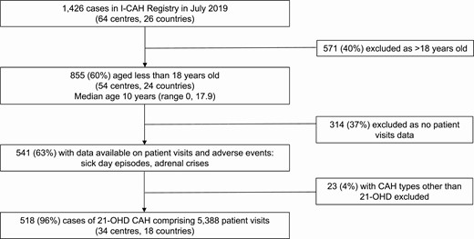 Participant selection from the I-CAH Registry. Abbreviations: 21-OHD, 21-hydroxylase deficiency; CAH, congenital adrenal hyperplasia; I-CAH, International Congenital Hyperplasia registry.